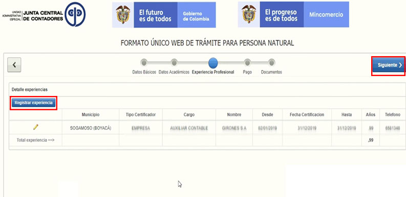 Tarjeta Profesional Contador Publico Primera Vez Detalle experiencia