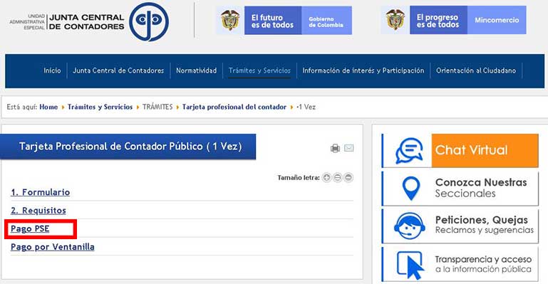 pago PSE para solicitar tarjeta profesional a la jcc