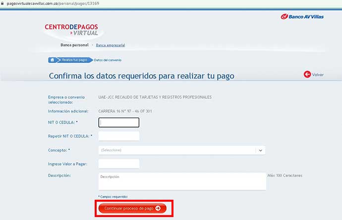 portal de pagos banco av villas para tarjeta profesional contador publico