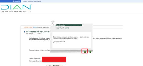 CONFIRMAR ENVIO RECUPERAR CONTRASENA DIAN